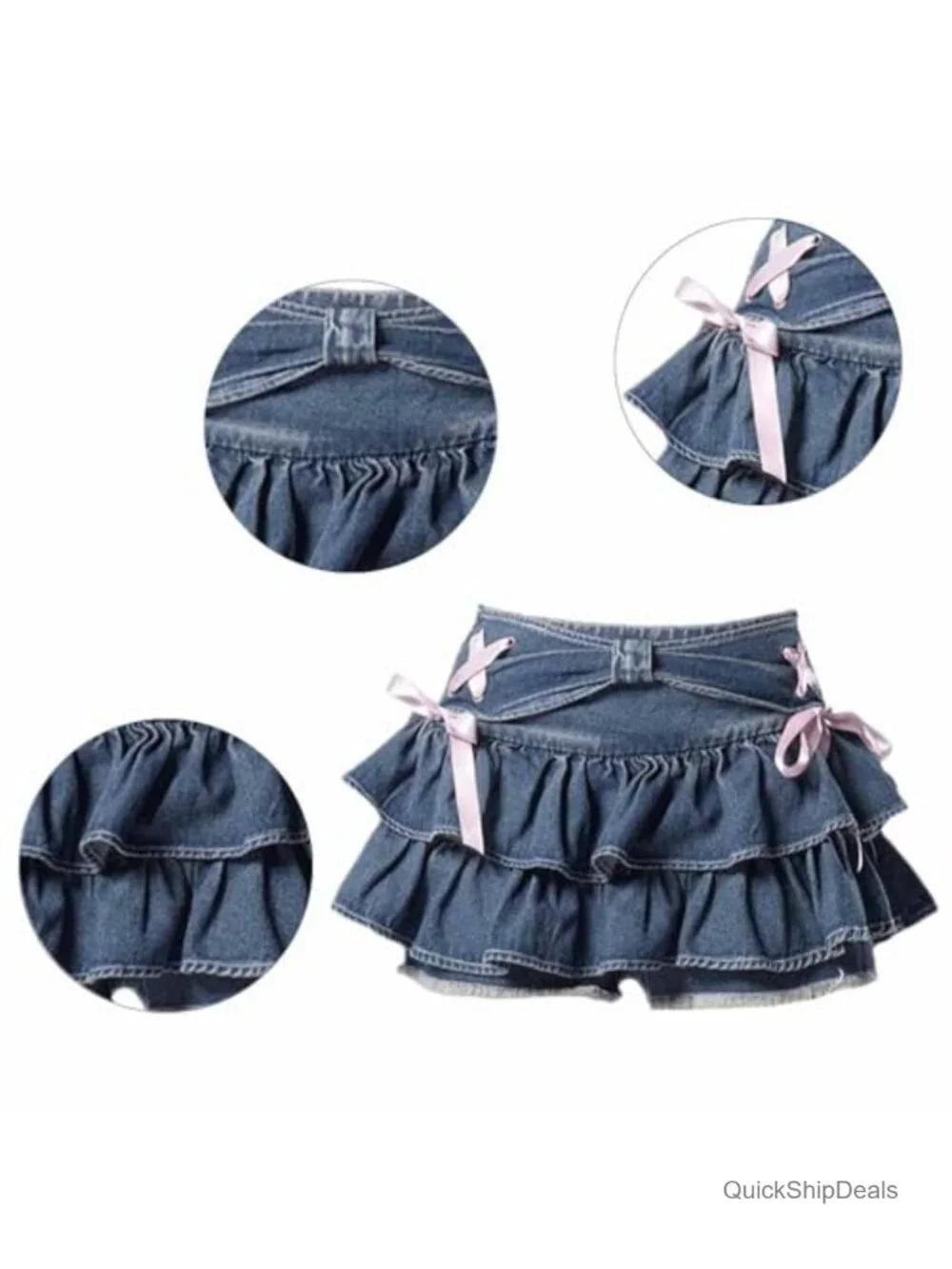 Women's Bow Low Waist Retro Pleated Denim Skirt with Adjustable Waist and